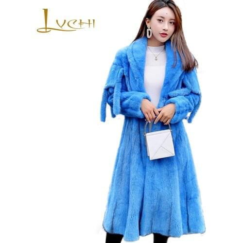 LVCHI Winter 2019 Imported Velvet Mink Coat Womens Turn-Down Collar Mink Coat Slim With Sashes Lady Tassel X-Long Mink Coats