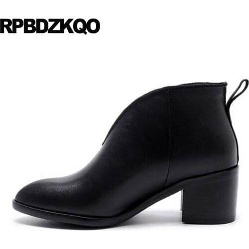 Fall Women Ankle Boots Medium Heel High Chunky Genuine Leather Black Slip On 2017 Short Autumn Booties Designer Pointed Toe Big