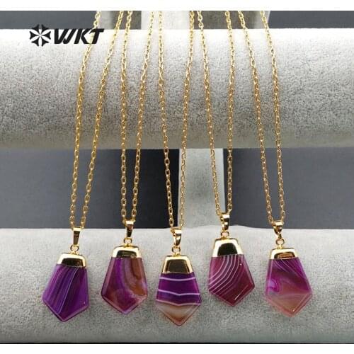 WT-N1019 Wholesale fashion jewelry natural onyx necklace High quality shield shape a-gate necklace with 24 gold electroplate