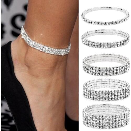 Silver Color Stretchy 1/2/3/4/5 Rows Bracelet Anklet Ankle Chain Diamante RhinestonesFoot JewelryCrystal Bracelet