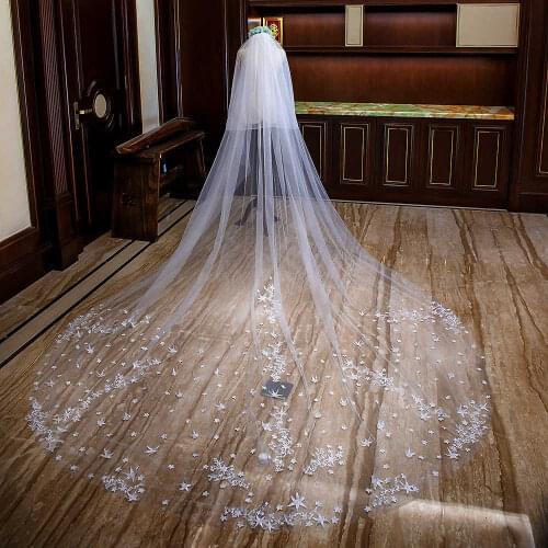 Tanpell Ivory Five-Pointed Star Appliques Cathedral Wedding Veil Long Appliques Edge Bridal Veil with Comb Wedding Veil