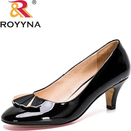 ROYYNA 2021 New Designers Patent Leather Pumps Women Round Toe Heels Ladies Dress Shoes Slip On Casual Shoes Feminimo Comfort
