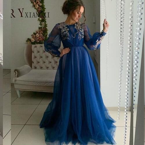 Vestidos 2020 Royal Blue Evening Dresses Long A-Line Full Sleeves Lace Appliques Floor Length Evening Dress Formal Party Gowns