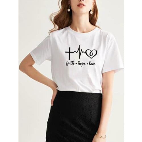 Faith Hope Love Print Summer T-shirt Women O-neck Cotton Short Sleeve Funny T Shirt Women Top Loose T-shirt Femme Black White