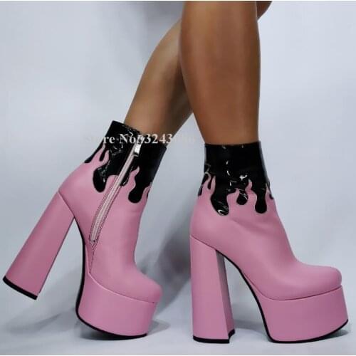 Pink Color Leather Lady Platform Ankle Boots Fashion Mixed Color Chunky Heel Woman Short Boots Sexy Female Booties Party Shoes