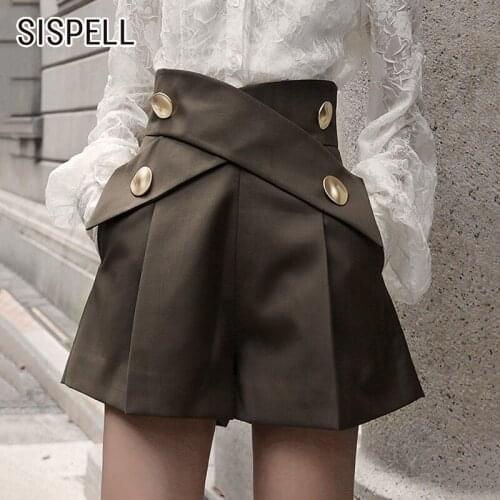 SISPELL Patchwork Cross Womens Shorts High Waist Ruched For Female Wide Leg Straight Casual Shorts 2020 Fashion Autumn New