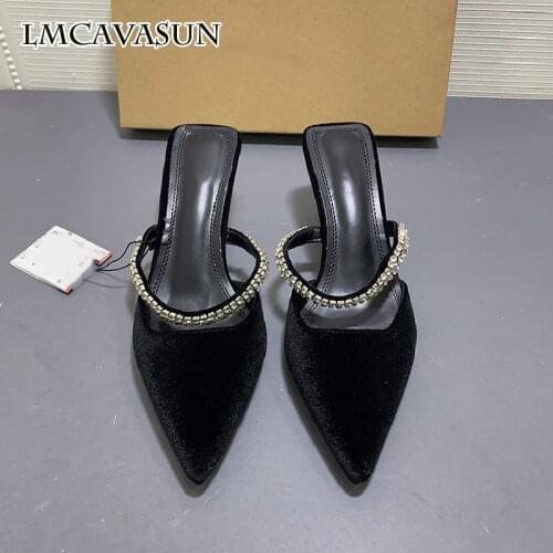 LMCAVASUN ZA pointed pump womens shoes black shiny velvet high heels 2020 new rhinestone word strap stiletto sandals