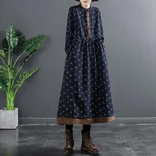 Retro Loose and thin Floral Plus Velvet Dress Women 2021 Autumn Winter New Long Sleeve Single-breasted Base Waist Dress 95B