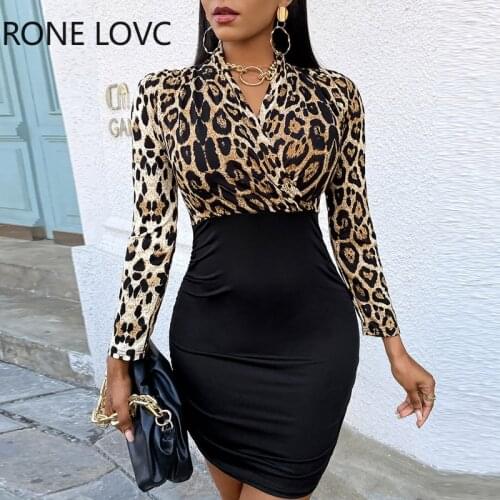 Cheetah Print Colorblock Bodycon Dress Women Spring Dress