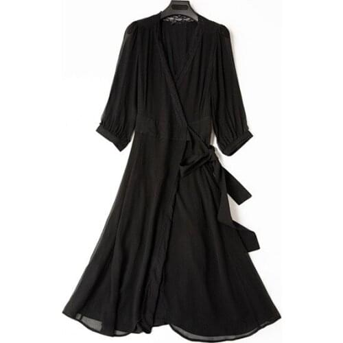 2021 Spring Summer Women V-Neck Black Wrap Midi Dress Lace Trim Patchwork Lace-up Female Silk Long Dreses