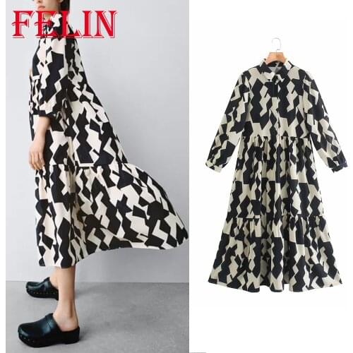 Za 2021 Chic Vintage Geometric Print Midi Shirt Dress Long Sleeve Ruffles Loose Fashion Autumn Dress Elegant Mujer Vestidos