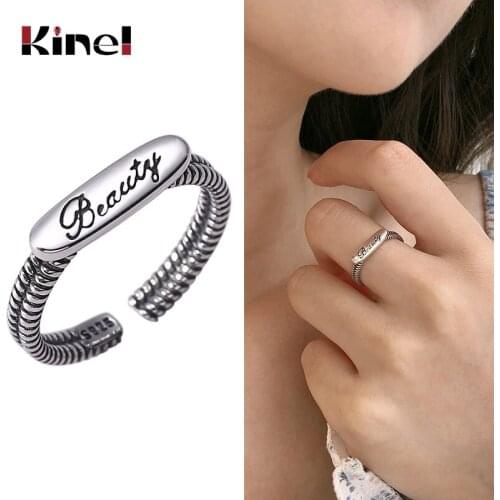 Kinel Ring Silver Sterling 925 Real English letter Open Stacking Rings for Women Vintage Statement Fashion Jewelry Bague