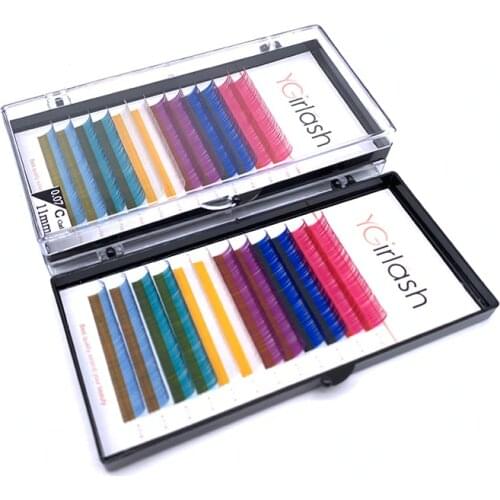 12rows 0.07mm Thickness Pink Red Blue Purple White Mix Color Individual Lashes Colorful Premium Silk Mink Eyelash Extensions