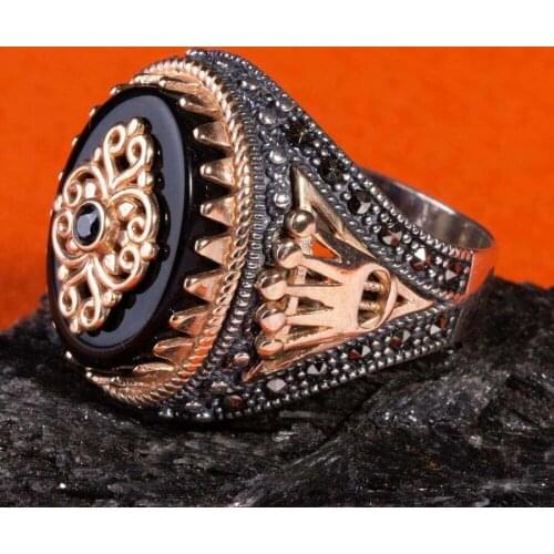 925 Sterling Silver Crown the King of Patterned Black Onyx Stone Silver Mens Ring Exclusive Gemstone Ring for Men Oval Ring