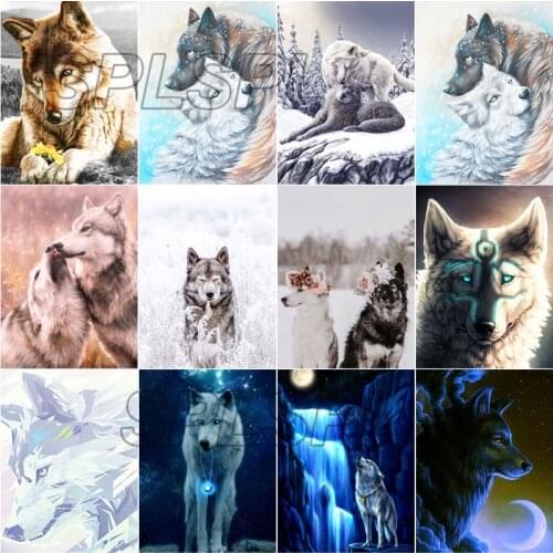 5D Diy Diamond Painting Animal Snow Wolf King and Moon Wolf Leader Round Diamond Full Diamond Cross Stitc Mosaic Home Decora