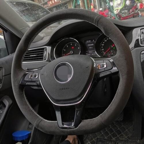 Car Steering Wheel Cover Hand-stitched DIY Soft Non-slip Black Suede For Volkswagen VW Golf 7 Mk7 New Polo Jetta Passat B8