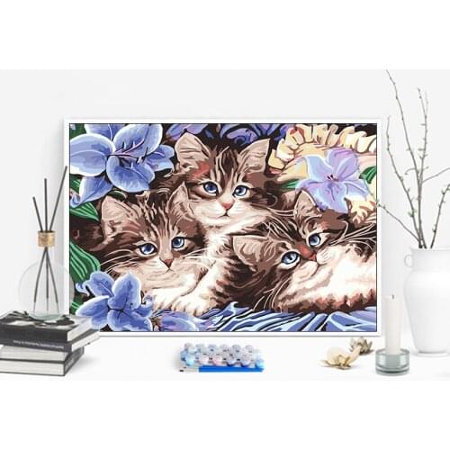 Digital oil painting DIY abstract animal hand-painted coloring decorative painting three kittens squinting