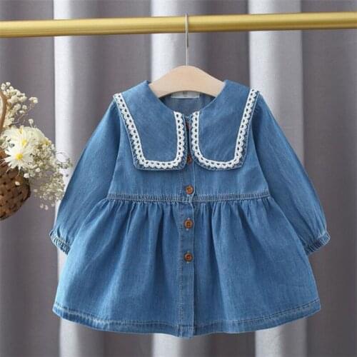 Children Girls Denim Dress Long Sleeve Spring Autumn Newborn Baby Girls NAVY Lace Princess Dress RETRO Girls Jacket Cardigan