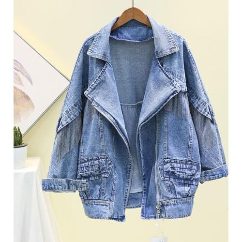 Spring Black Denim Jacket Coat Women Loose Casual Outerwear Chaqueta Mujer Handwork Chain Tassel Long Blue Jeans Jackets Female