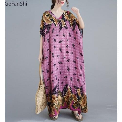 Summer Womens Dress Print Casual Loose V-neck Cotton Linen Ladies Dress Fashion Elegant Beach Long Dresses Robe Clothing