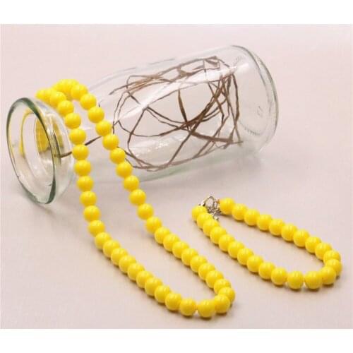 Hot Lemon Yellow Artificial Shell Glass Pearl 8mm Round Bead Necklace Bracelet Set Womens Jewelry Free Shipping 18inch Y540