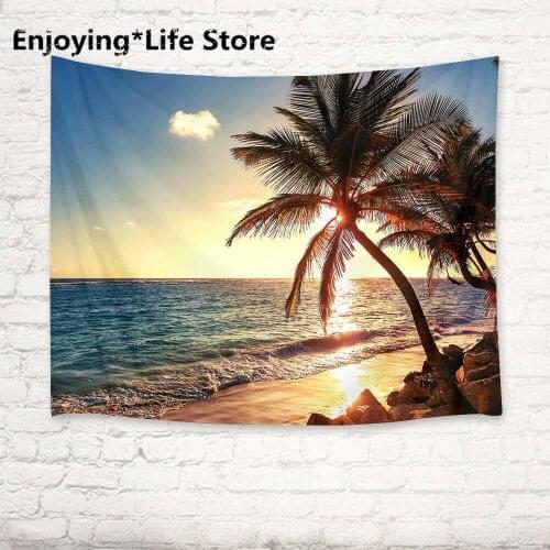 Sunrise Sea Beach Palm Scenic Tapestry Wall Hanging Tapestry Living Room Bedroom Decor Tapestry Mattress Tablecloth 80"x60"