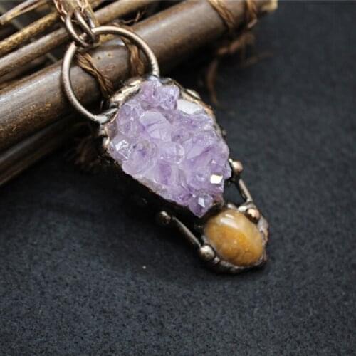 Natural Amethysts Cluster Purple Crystal Quartz Pendant Necklace Vintage Chrysanthemum Stone Necklaces Healing Power Pendulum