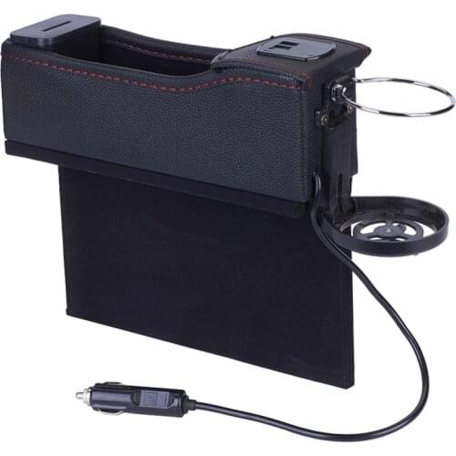 Premium PU Leather Side Pocket Organizer Car Seat Filler Gap Space Storage Box Bottle Cup Holder with 2 USB Chargers