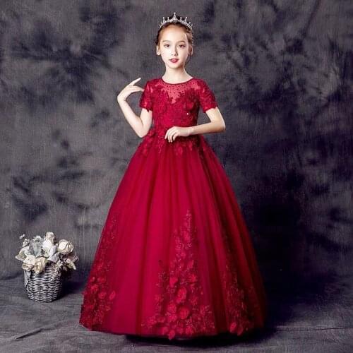 Summer Luxury Children Girls New Elegant Wine-red Color Birthday Wedding Party Princess Lace Dress Kids Piano Host Costume Dress