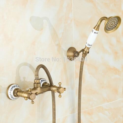 Luxury European Style Classic Antique Brass Wall Mounted Shower Sets Porcelain Handshower Simple Shower Mixer Taps SF1005