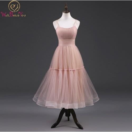 Blush Pink Prom Dresses Tea Length Pleats Tulle Fruit Green A Line Spaghetti Strap Scoop Neck Evening Party Gowns formelle robes