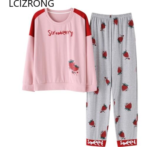Spring Cotton Long Pajamas Set Women Cute Fruits Cartoon Print O-neck Tops + Pants Home Clothes Soft Girl Sleepwear Nightgown
