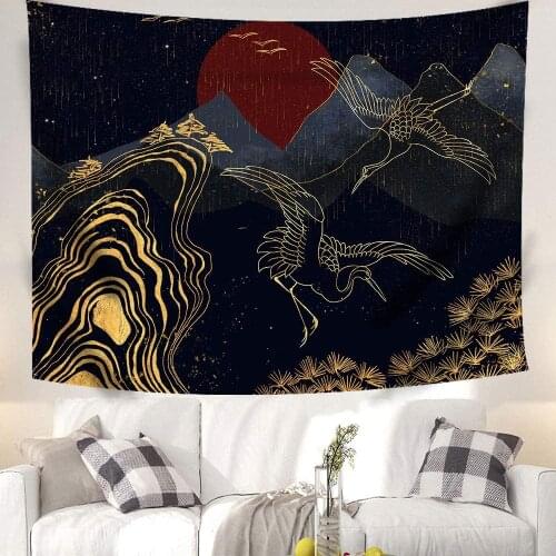 Mountain Sunset Japanese Tapestry with Golden Lines Crane Art