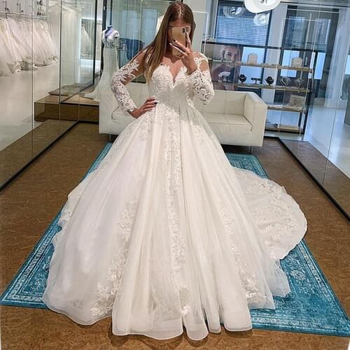 YIWUMENSA Long Sleeves Lace Appliques Wedding Dress Boho Plus Size Court Train A Line Bridal Gowns Bride Dress Custom Made WD145