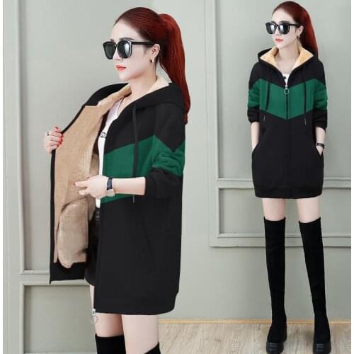 Ladies Hooded Stitching Plus Velvet Thick Mid-length Keep Warm Womans Large Size Hooded Fashion Casual Loose Jacket 2020 Winter