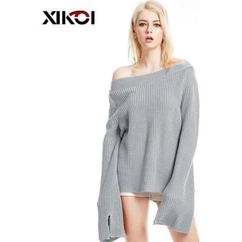 XIKOI Large Size Womens Clothing Soft Sweaters Shirt Plus Long Flare Sleeve Solid Knitted Sweater Ladies Sexy Pullovers Jumpers