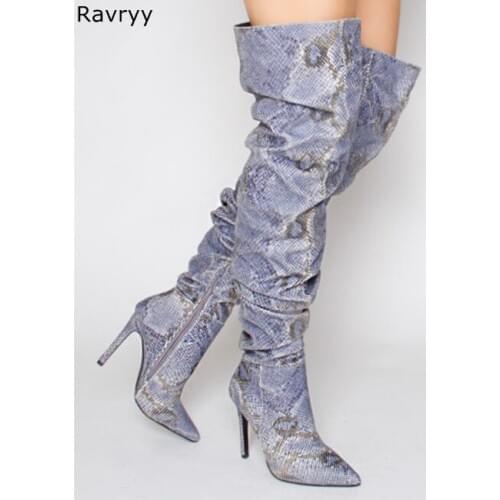 Woman long boots blue snakeskin Over-the-knee Boot pointed toe design Model Fun Club Party thin heel female motorcycle boots