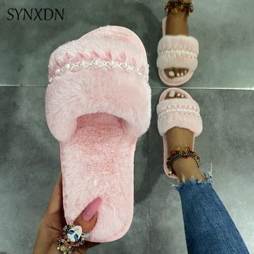 2021 Winter Indoor Home Women Slippers Open-Toe Flat Women Shoes Lovely pearl Chain Ladies Slides Female Sandals House Slippers