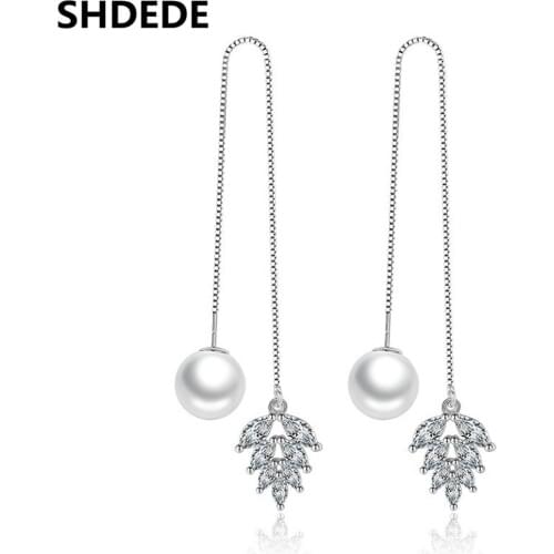 SHDEDE 925 Silver Long Chain Drop Earrings For Women Vintage Fashion Jewelry Cubic Zirconia Rhinestone Pendants -WH33