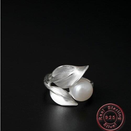 Amxiu 2019 Newest Leave Ring 925 Silver Freshwater Pearl Rings Jewelry Adjustable Open Ring for Women Girls Wedding Accessories