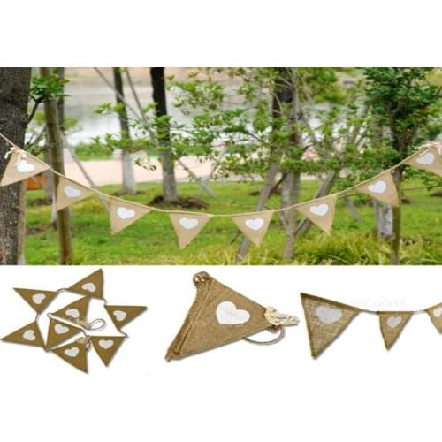 100sets/lot 13 Flags Jute Fabric Bunting Banner white Heart Flags vintage Party Burlap Banners Rustic wedding decoration