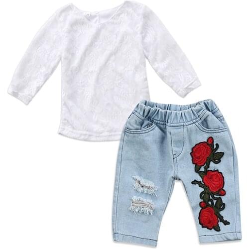 2017 2PCS Fashion Casual Newborn Toddler Baby Girls Long Sleeve O-Neck Pullover White Lace Shirt Tops Denim Pants Outfit 6M-5Y
