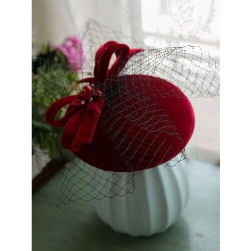 2020 Luxury Design Burgundy Fascinator Hat with Hairpin Face Veil Mini Headdresss Vintage Velour Church Wedding Hair Accessories