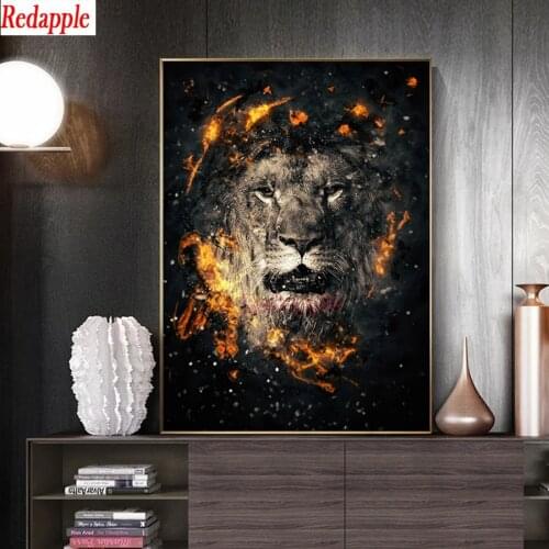 Abstract Animal Art diamond embroidey painting Wall Lion Head with Fire full square round drill Picture Living Room Decoration