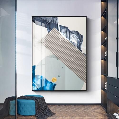 Abstract Geometry Pattern Gold Circular Shape Blue Ribbon And Leaves Marble Canvas Painting Wall Picture Poster Room Decoration