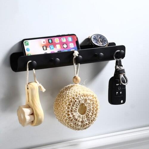 Space Aluminium Bathroom Shelf with Hooks Black White Storage Rack Toilet Kitchen Bathroom Phone Shleves Wall Mount