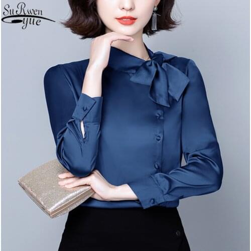 Satin Silk Womans Shirts Solid Long Sleeve Bow Stand Collar Fashion Office Lady Style Blouse Women Overalls for Women Top 10461