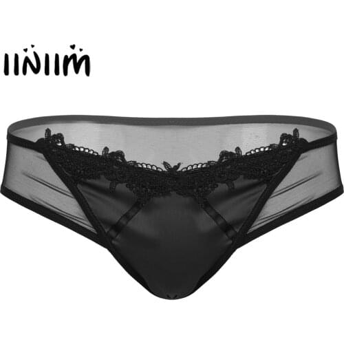 Black Sexy Mens Panties See-through Mesh Briefs Lace Trim Satin Patchwork Briefs Exotic Low Rise Sissy Gay Underwear Underpants