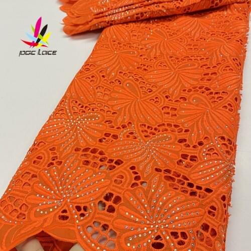 Pure Orange Cotton Dry Lace with Stones Fabric Color African Nigerian High End Quanlity Embroidery New Style Design for Dress