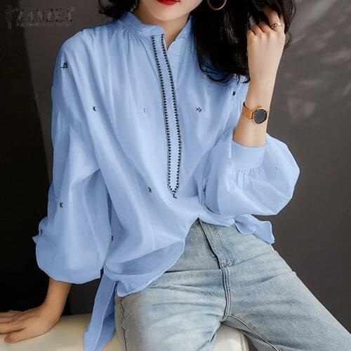 Elegant Embroidery Tops Womens Spring Blouses ZANZEA 2021 Puff Sleeve Blusas Female Split Irregular Tunic Plus Size Chemise